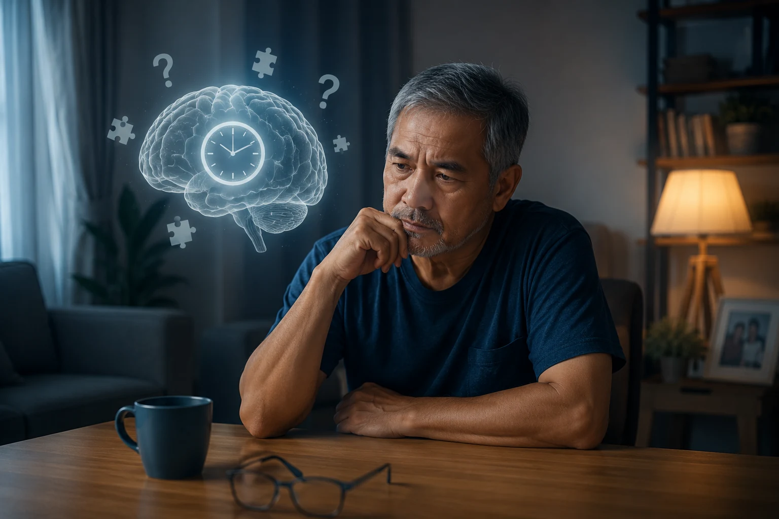 Brain ageing timeline from age 40 to 80, cognitive health awareness infographic