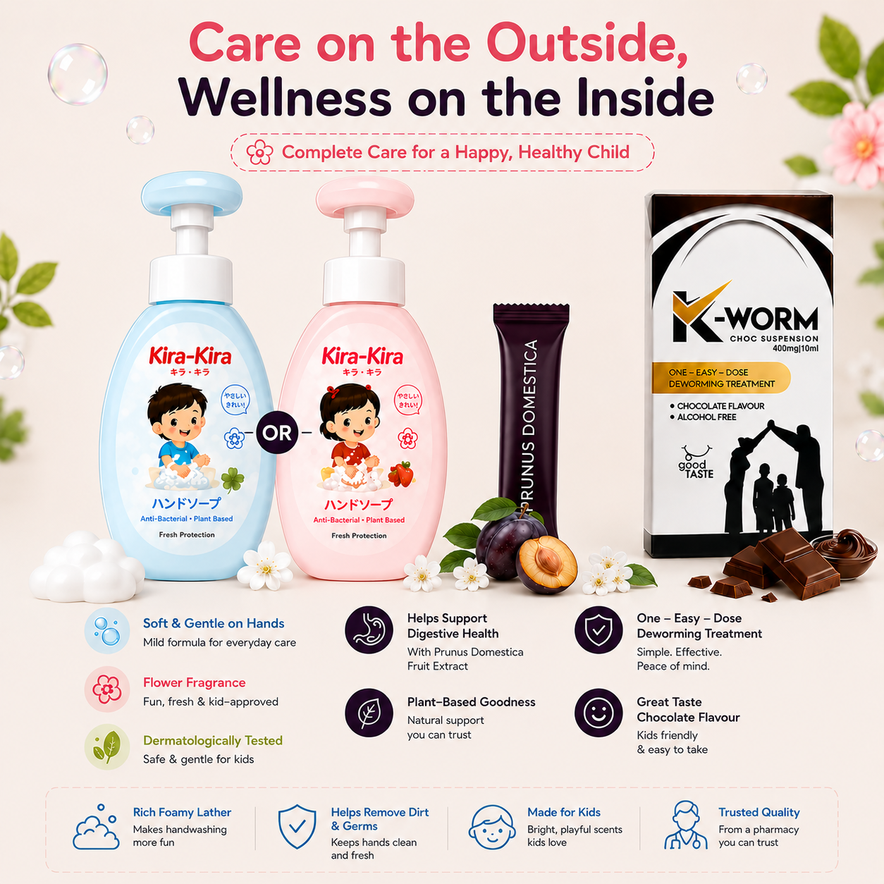 Deworm Champion Kit with K-Worm Choc Suspension, Prunus Domestica and Kira-Kira handwash.