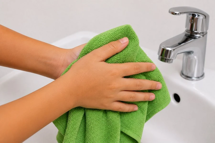 Drying hands with a clean towel.