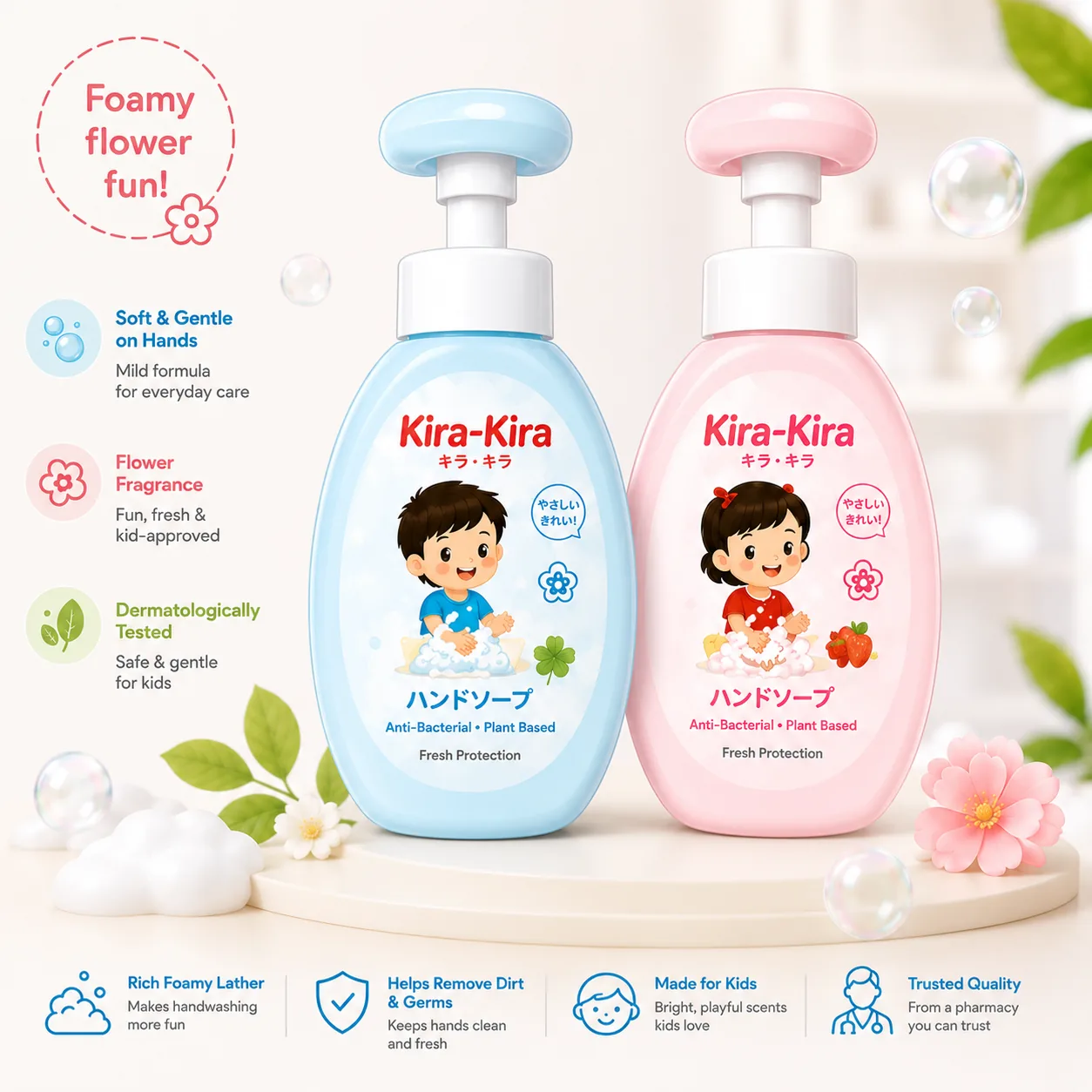 Kira-Kira Fun Handwash foaming handwash for kids in blue and pink bottles.