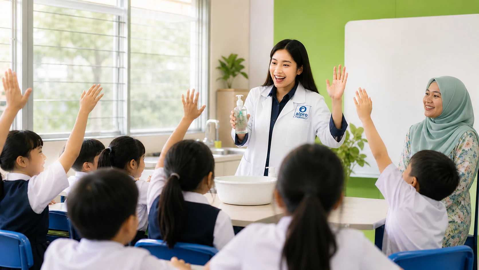 Alpro pharmacist leading a hand hygiene school talk with primary school children.