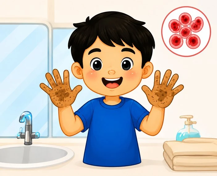 Child showing dirty hands near a wash basin.