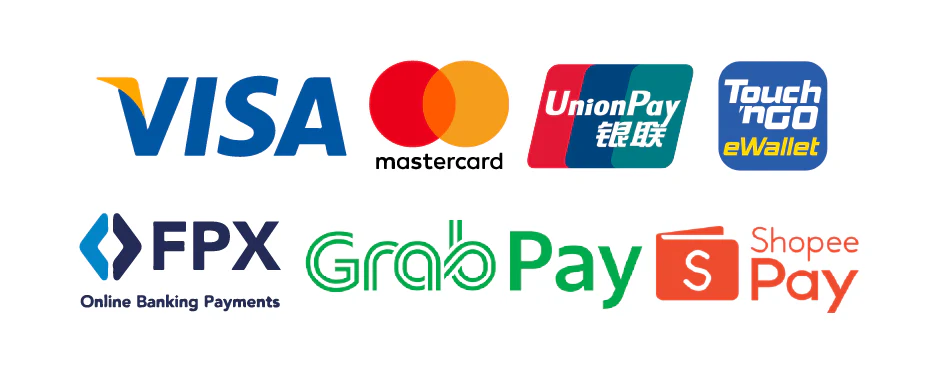 Accepted payment methods including Visa, Mastercard, UnionPay, Touch n Go, FPX, GrabPay and ShopeePay