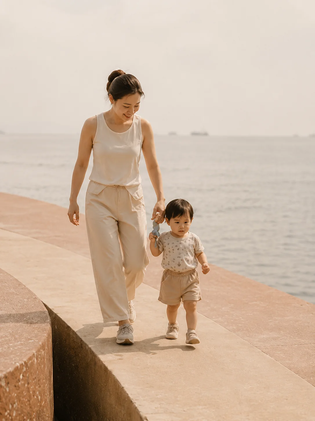 Mother walking with child by the seaside