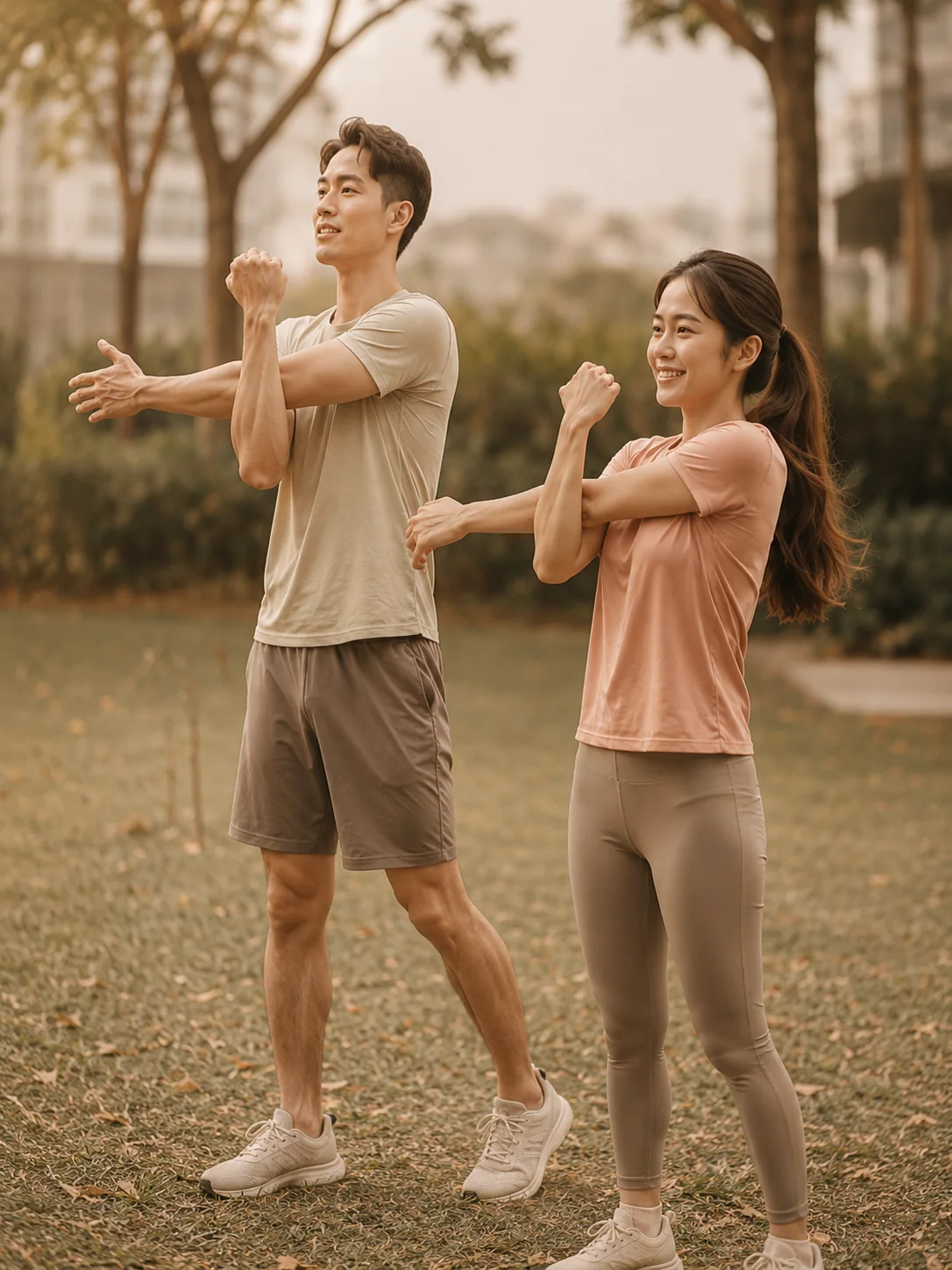Couple stretching outdoors