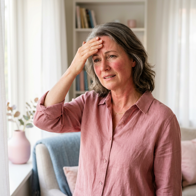 Woman cooling herself with a fan to manage hot flashes and night sweats
