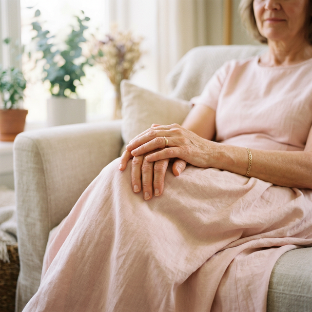 Close view of hands resting gently, symbolising intimate dryness and discomfort