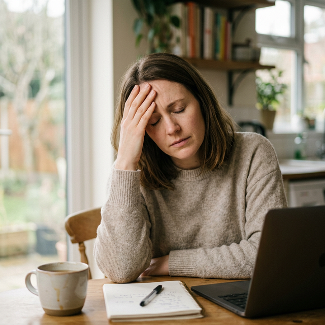 Woman pausing with a notebook, representing brain fog and fatigue during perimenopause