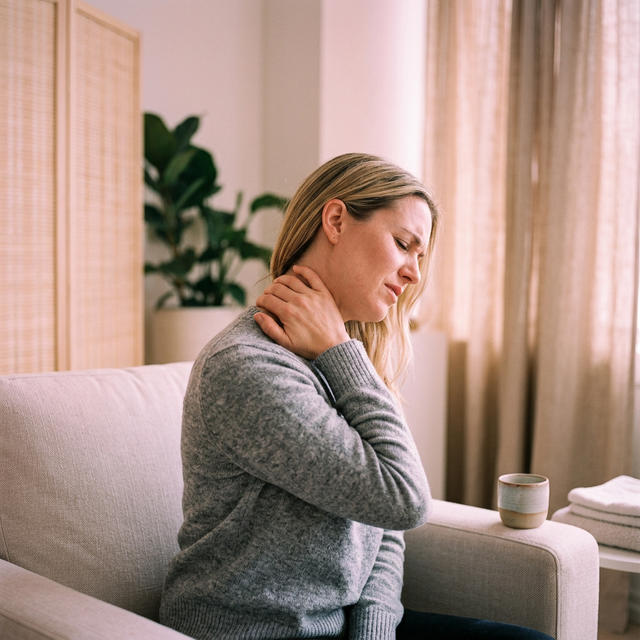 Woman gently stretching to ease joint pain and body aches during perimenopause